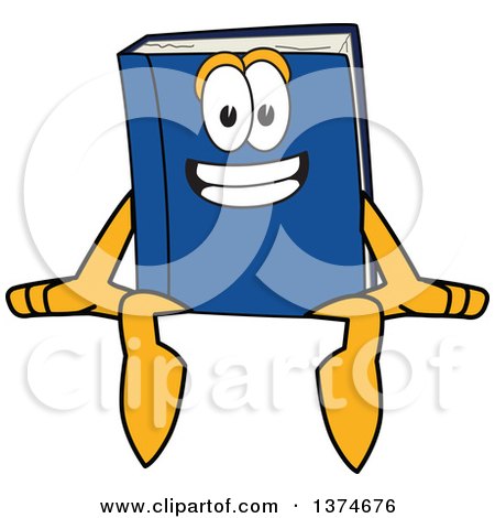 Clipart of a Blue Book Mascot Character Sitting on a Wall or Sign - Royalty Free Vector Illustration by Mascot Junction
