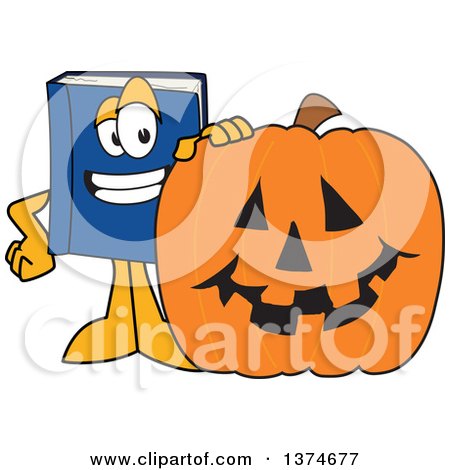 Clipart of a Blue Book Mascot Character with a Halloween Jackolantern Pumpkin - Royalty Free Vector Illustration by Mascot Junction