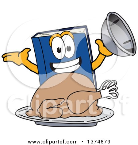Clipart of a Blue Book Mascot Character Serving a Roasted Thanksgiving Turkey - Royalty Free Vector Illustration by Mascot Junction