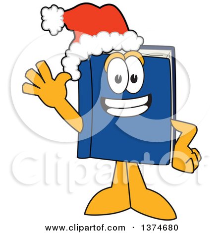 Clipart of a Blue Book Mascot Character Wearing a Christmas Santa Hat and Waving - Royalty Free Vector Illustration by Toons4Biz