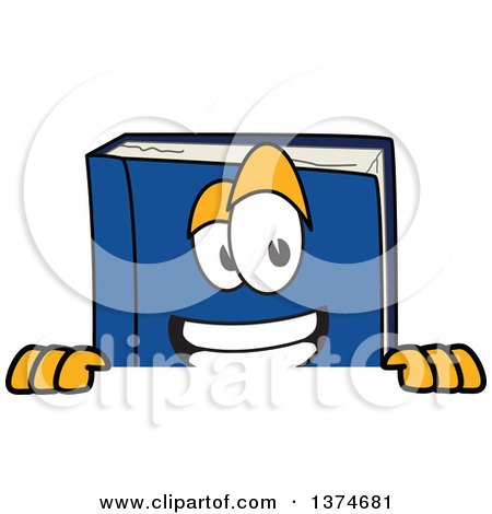 Clipart of a Blue Book Mascot Character Smiling over a Sign - Royalty Free Vector Illustration by Mascot Junction