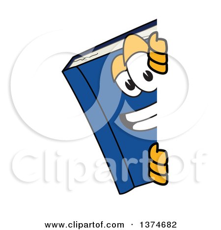 Clipart of a Blue Book Mascot Character Smiling Around a Sign - Royalty Free Vector Illustration by Mascot Junction