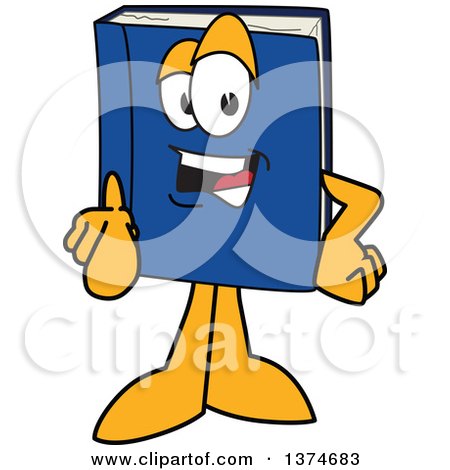Clipart of a Blue Book Mascot Character Pointing Outwards - Royalty Free Vector Illustration by Mascot Junction
