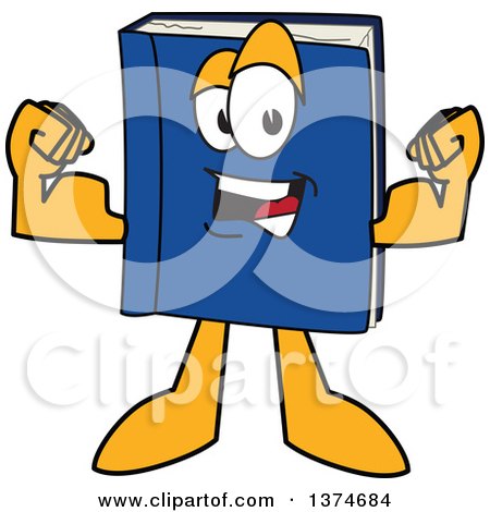 Clipart of a Blue Book Mascot Character Flexing His Muscles - Royalty Free Vector Illustration by Mascot Junction