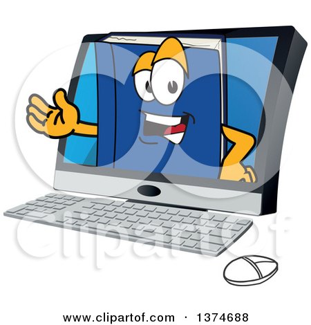 Clipart of a Blue Book Mascot Character Emerging from a Desktop Computer Screen - Royalty Free Vector Illustration by Mascot Junction