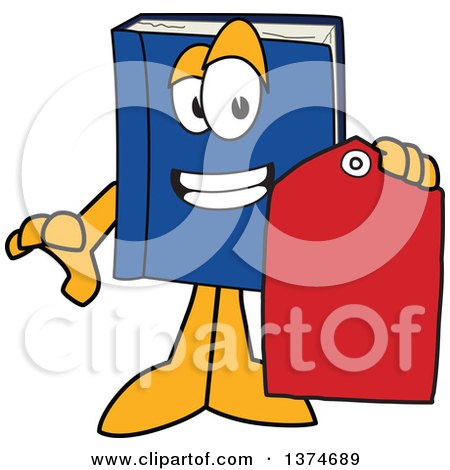 Clipart of a Blue Book Mascot Character Holding a Sales Price Tag - Royalty Free Vector Illustration by Mascot Junction
