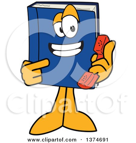 Clipart of a Blue Book Mascot Character Holding and Pointing to a Telephone Receiver - Royalty Free Vector Illustration by Mascot Junction
