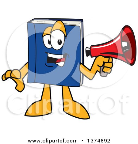 Clipart of a Blue Book Mascot Character Announcing with a Megaphone - Royalty Free Vector Illustration by Mascot Junction