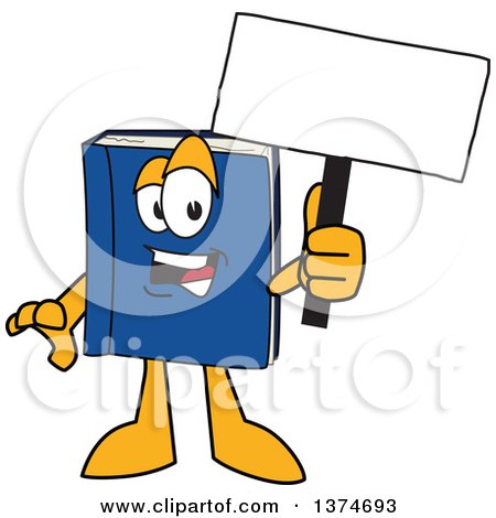 Clipart of a Blue Book Mascot Character Holding a Blank Sign - Royalty Free Vector Illustration by Mascot Junction