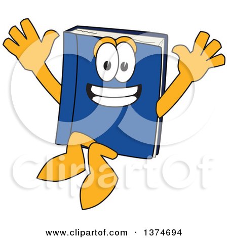 Clipart of a Blue Book Mascot Character Jumping - Royalty Free Vector Illustration by Mascot Junction