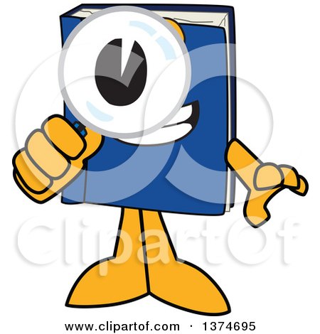 Clipart of a Blue Book Mascot Character Searching with a Magnifying Glass - Royalty Free Vector Illustration by Mascot Junction