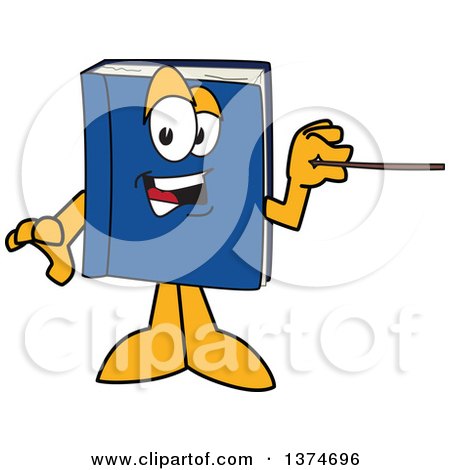 Clipart of a Blue Book Mascot Character Holding a Pointer Stick - Royalty Free Vector Illustration by Mascot Junction