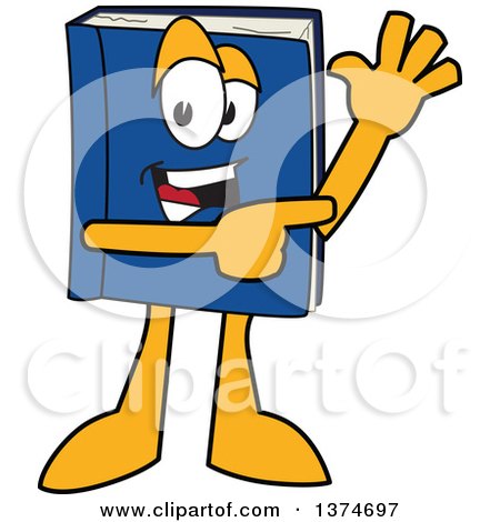 Clipart of a Blue Book Mascot Character Waving and Pointing - Royalty Free Vector Illustration by Mascot Junction