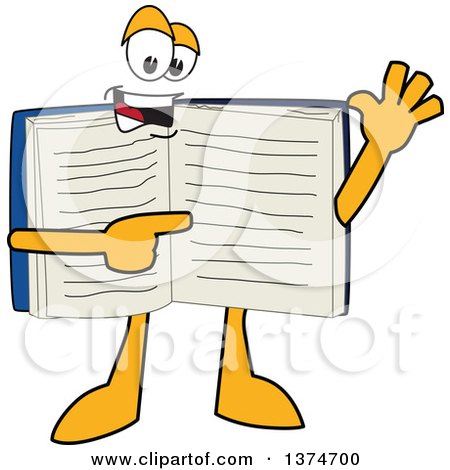 Clipart of an Open Blue Book Mascot Character Waving and Pointing at Text on a Page - Royalty Free Vector Illustration by Mascot Junction