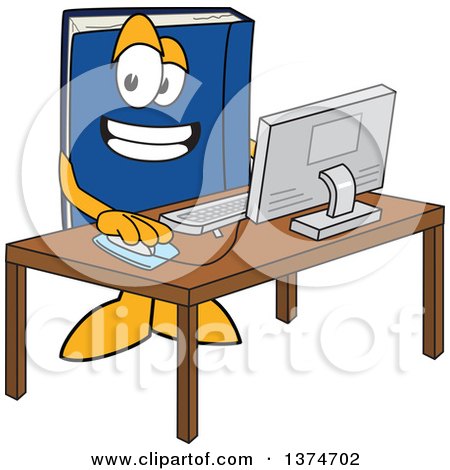 Clipart of a Blue Book Mascot Character Using a Desktop Computer - Royalty Free Vector Illustration by Mascot Junction