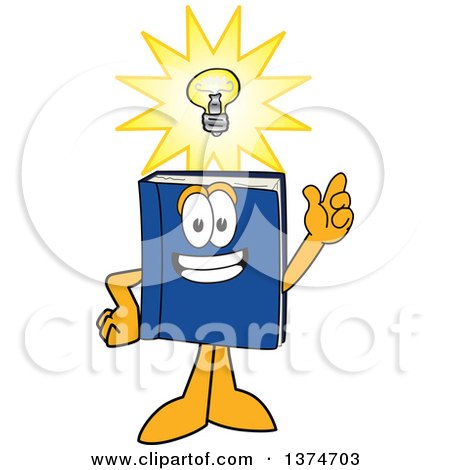 Clipart of a Blue Book Mascot Character with a Bright Idea - Royalty Free Vector Illustration by Mascot Junction