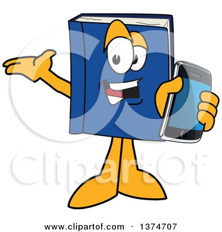 Clipart of a Blue Book Mascot Character Presenting and Holding out a Smart Phone - Royalty Free Vector Illustration by Mascot Junction