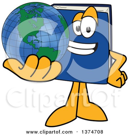Clipart of a Blue Book Mascot Character Holding out a Globe - Royalty Free Vector Illustration by Mascot Junction