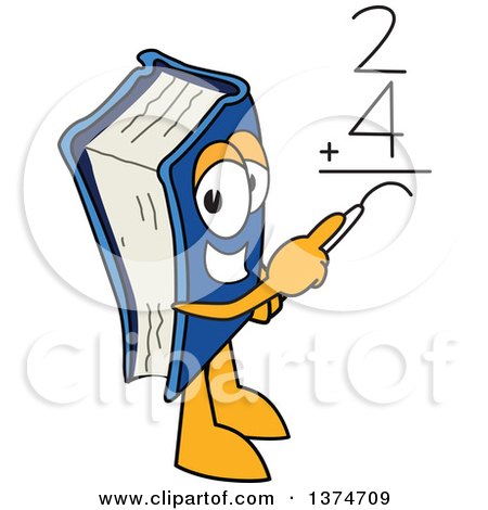 Clipart of a Blue Book Mascot Character Solving a Math Addition Problem - Royalty Free Vector Illustration by Mascot Junction