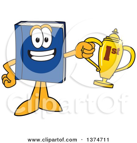 Clipart of a Blue Book Mascot Character Holding a First Place Trophy - Royalty Free Vector Illustration by Mascot Junction