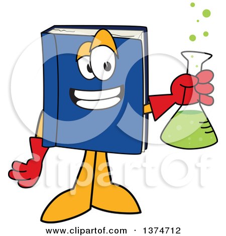 Clipart of a Blue Book Mascot Character Scientist Holding a Bubbly Flask - Royalty Free Vector Illustration by Mascot Junction