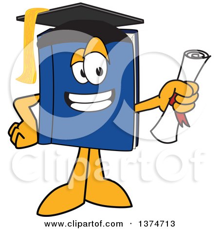 Clipart of a Blue Book Mascot Character Graduate Holding a Diploma - Royalty Free Vector Illustration by Mascot Junction