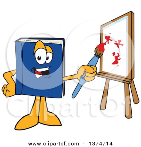Clipart of a Blue Book Mascot Character Painting Art on a Canvas - Royalty Free Vector Illustration by Mascot Junction