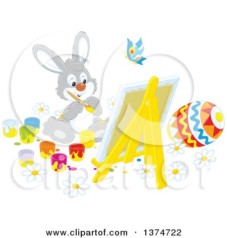 Clipart of a Cute Gray Easter Bunny Rabbit Painting a Canvas and Eggs - Royalty Free Vector Illustration by Alex Bannykh
