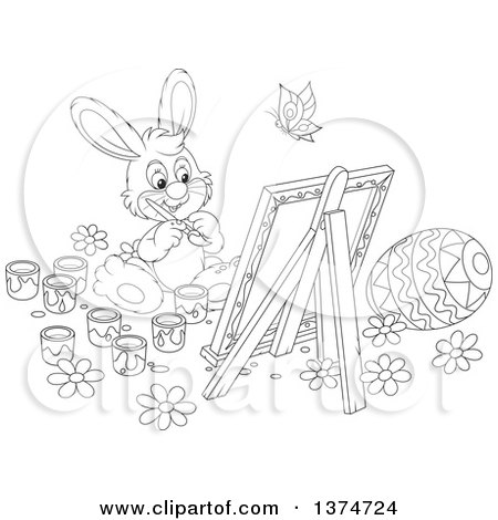 Clipart of a Black and White Cute Easter Bunny Painting a Canvas and Eggs - Royalty Free Vector Illustration by Alex Bannykh