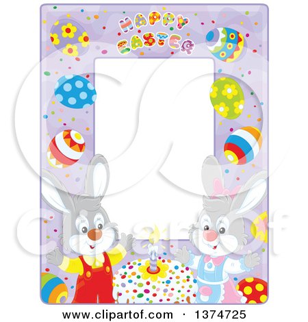 Clipart of a Purple Vertical Frame with Happy Easter Text, Eggs and Rabbits with a Cake - Royalty Free Vector Illustration by Alex Bannykh