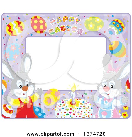 Clipart of a Purple Horizontal Frame with Happy Easter Text, Eggs and Rabbits with a Cake - Royalty Free Vector Illustration by Alex Bannykh