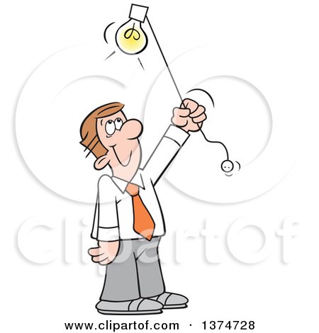 Clipart of a Cartoon Happy Brunette White Man Shedding Light on a Subject - Royalty Free Vector Illustration by Johnny Sajem