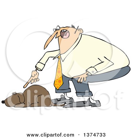 Clipart of a Cartoon Chubby White Man Yelling at His Lazy Dog - Royalty Free Vector Illustration by djart