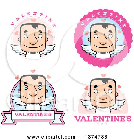 Clipart of Badges of a Block Headed White Man Valentine Cupid - Royalty Free Vector Illustration by Cory Thoman
