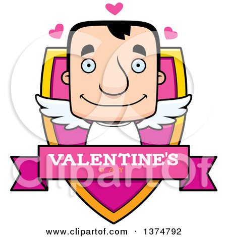 Clipart of a Block Headed White Man Valentine Cupid Shield - Royalty Free Vector Illustration by Cory Thoman