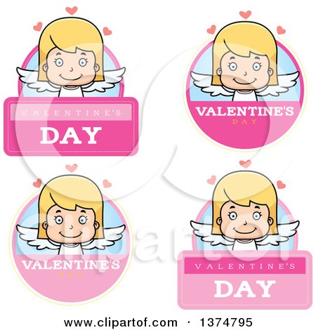 Clipart of Badges of a Happy Blond White Girl Cupid - Royalty Free Vector Illustration by Cory Thoman