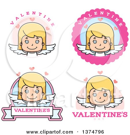 Clipart of Badges of a Happy Blond White Girl Cupid - Royalty Free Vector Illustration by Cory Thoman