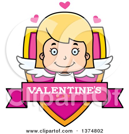 Clipart of a Happy Blond White Girl Cupid Shield - Royalty Free Vector Illustration by Cory Thoman