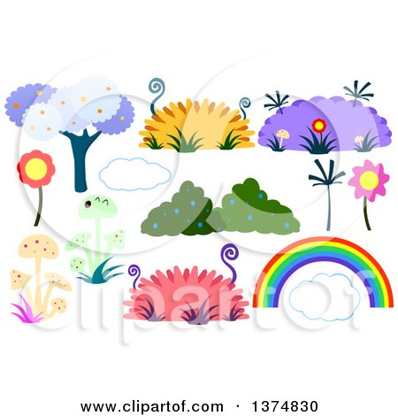 Clipart of a Tree, Shrubs, Mushrooms, Flowers and a Rainbow - Royalty Free Vector Illustration by Liron Peer