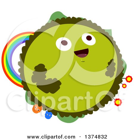 Clipart of a Happy Green Planet with Flowers, a Rainbow and Creatures - Royalty Free Vector Illustration by Liron Peer