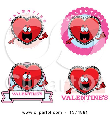 Clipart of Badges of a Happy Red Doily Valentine Heart Mascot - Royalty Free Vector Illustration by Cory Thoman