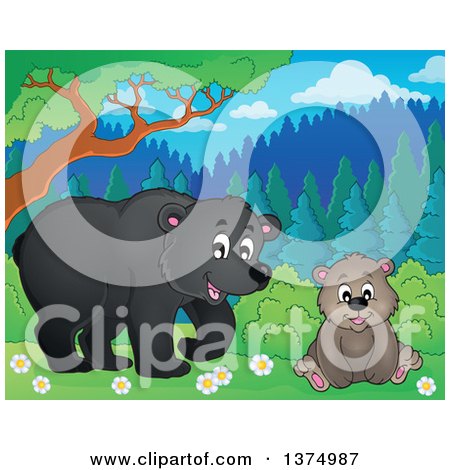 Clipart of a Black Bear and Cub in the Woods - Royalty Free Vector Illustration by visekart