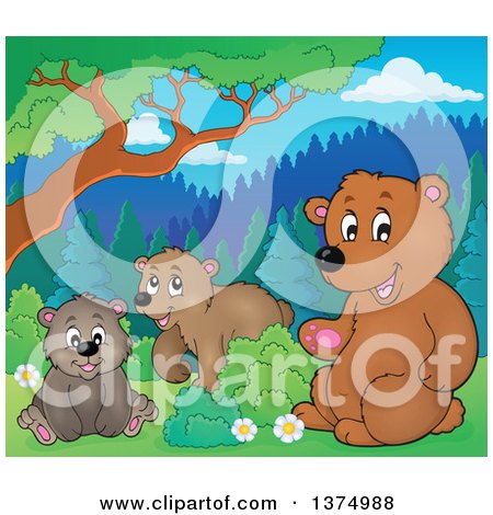 Clipart of a Brown Bear and Cubs - Royalty Free Vector Illustration by visekart