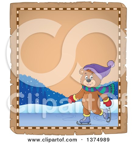 Clipart of a Happy Bear Ice Skating on a Parchment Page Border - Royalty Free Vector Illustration by visekart