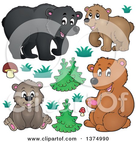Clipart of Black and Brown Bears, Grasses, Mushrooms and Trees - Royalty Free Vector Illustration by visekart