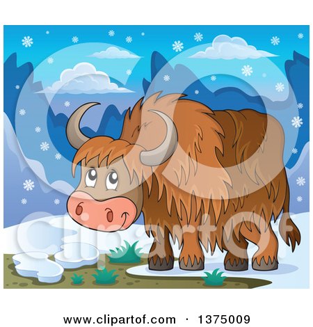 Clipart of a Cute Happy Yak in a Winter Landscape - Royalty Free Vector Illustration by visekart