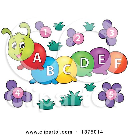 Clipart of a Happy Colorful Caterpillar with Letters on Its Body and Number Flowers - Royalty Free Vector Illustration by visekart