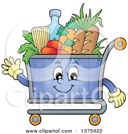 Clipart of a Waving Shopping Cart Mascot Full of Groceries - Royalty Free Vector Illustration by visekart