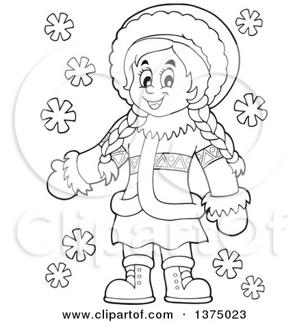 Clipart of a Black and White Happy Inuit Eskimo Girl Presenting - Royalty Free Vector Illustration by visekart