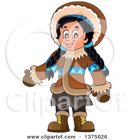 Clipart of a Happy Inuit Eskimo Girl Presenting - Royalty Free Vector Illustration by visekart